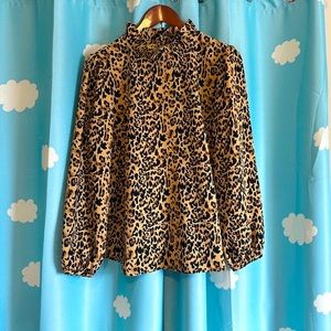 J Crew Juliet sleeve, ruffle collar leopard blouse.